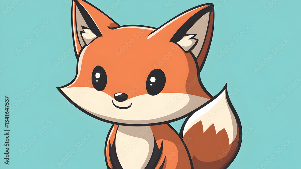 Obraz premium A close-up digital illustration of a cute cartoon fox head with orange and white fur, black ear outlines, and a happy, smiling expression. 