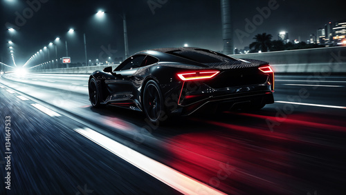 A black car is moving at high speed along a night road. Selective focus.