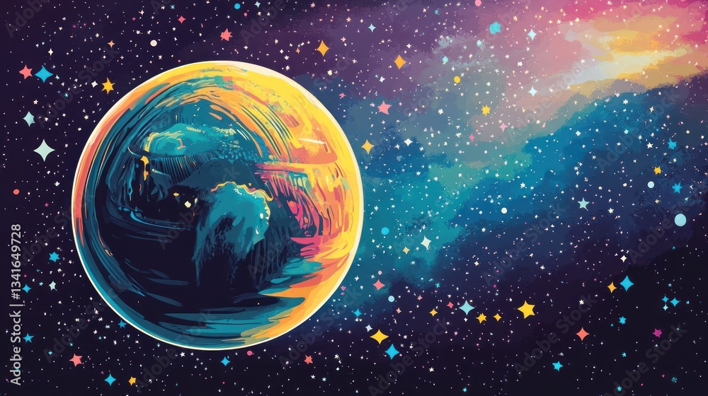 Fototapeta premium A cartoonish colorful planet silhouette with exaggerated features, floating among whimsical stars