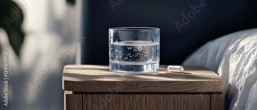 Water and Pill on Nightstand by Bed