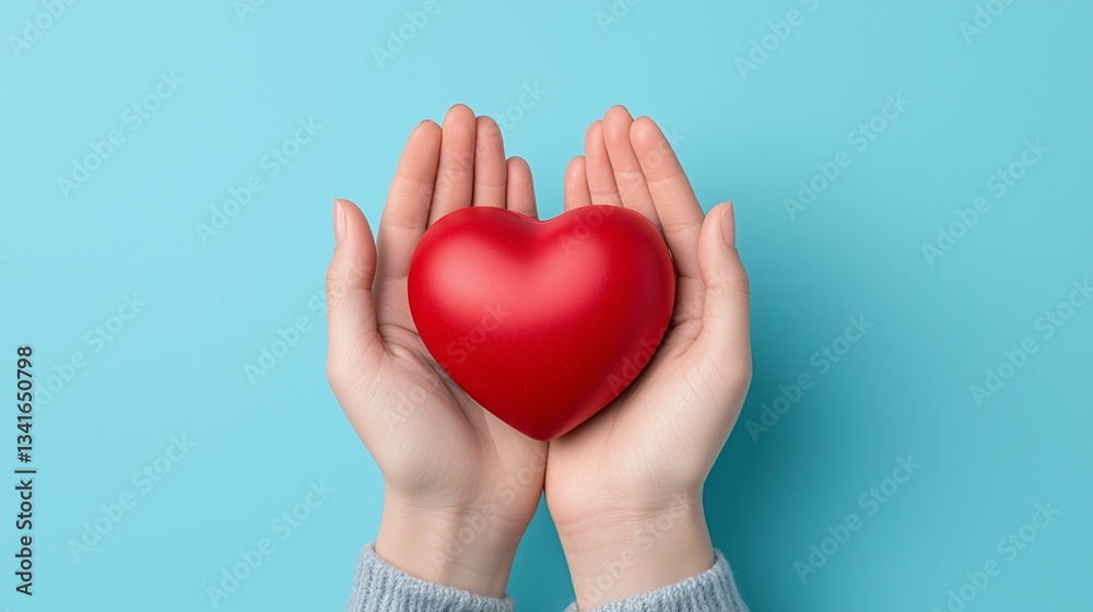 Obraz premium Hands cradling a red heart against a light blue background, symbolizing love, care, and compassion.