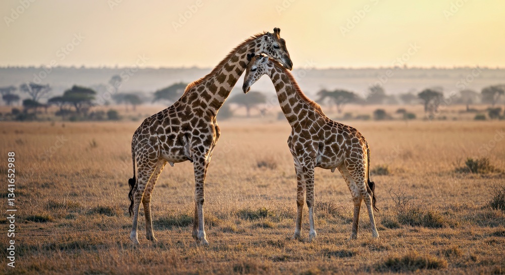 Fototapeta premium A pair of giraffes gracefully intertwining their necks in a show of affection