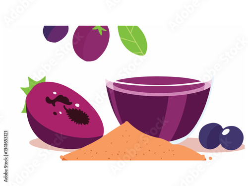 super food variety: acai berry, acai bowl, acai juice and acai powder