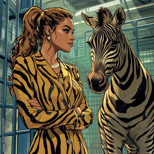 a spectacular blonde with a peaked ponytail, dressed in a stylish yellow-and-black suit with a zebra animal print, a zebra animal stands next to her
