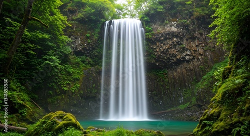 Cascading Waterfall Flowing Into Turquoise Pool Surrounded by Lush Greenery