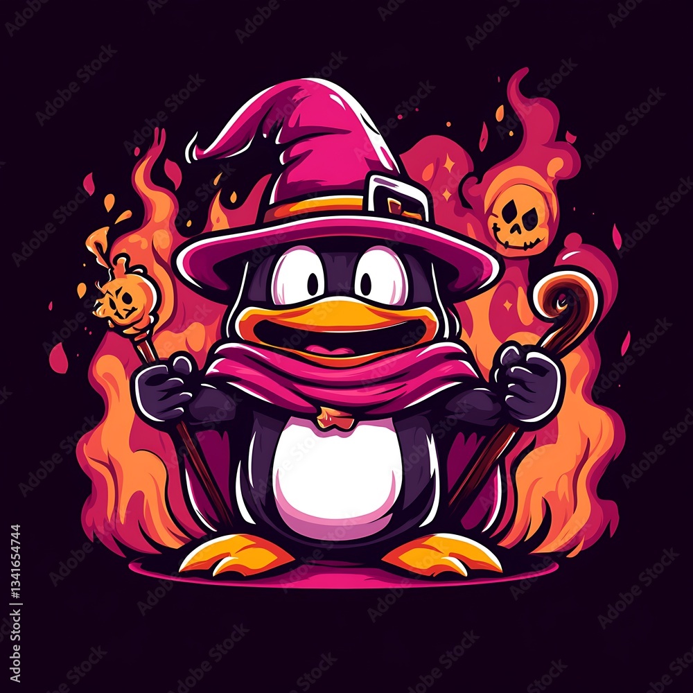 Obraz premium A cartoon penguin wearing a wizard hat and cape amidst flames