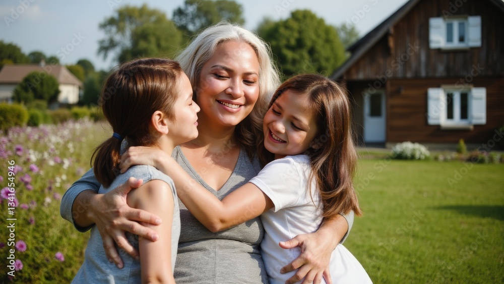 Caucasian mature female and two children embracing in garden with rustic house background Caucasian mature female and two children embracing in garden with rustic house background