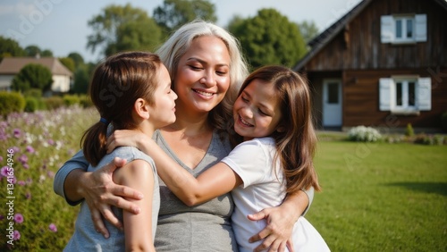 Caucasian mature female and two children embracing in garden with rustic house background