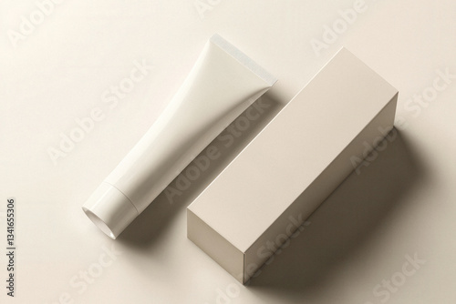 Prodotti cosmetici in packaging minimalista beige, tra cui crema e tubo su superficie chiara con ombre naturali, mockup