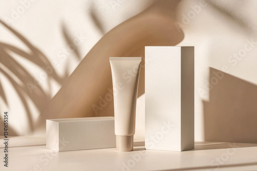 Prodotti cosmetici in packaging minimalista beige, tra cui crema e tubo su superficie chiara con ombre naturali, mockup