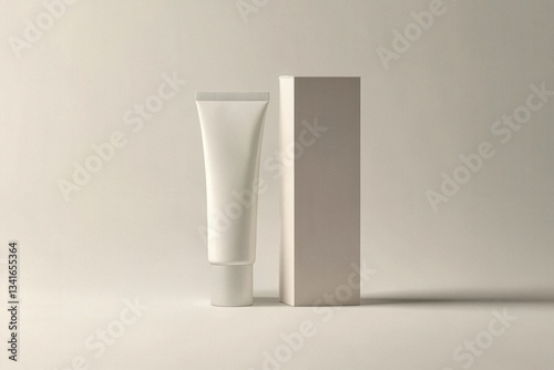 Prodotti cosmetici in packaging minimalista beige, tra cui crema e tubo su superficie chiara con ombre naturali, mockup