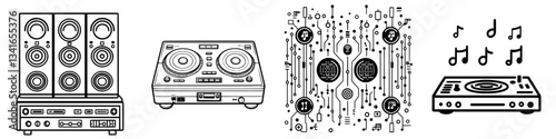Various audio equipment and music graphics showcasing sound technology and creativity in a dynamic design