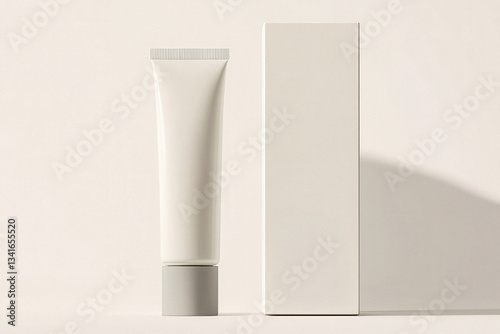 Prodotti cosmetici in packaging minimalista beige, tra cui crema e tubo su superficie chiara con ombre naturali, mockup photo