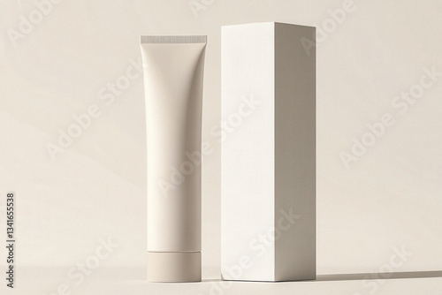 Prodotti cosmetici in packaging minimalista beige, tra cui crema e tubo su superficie chiara con ombre naturali, mockup