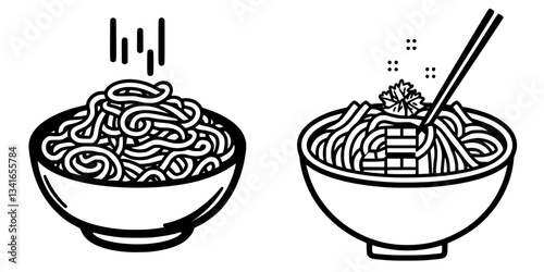 Different styles of noodle dishes presented in bowls with chopsticks on a simple backdrop