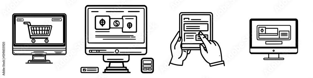 Online shopping experience with various devices showcasing e-commerce platforms and payment options Online shopping experience with various devices showcasing e-commerce platforms and payment options
