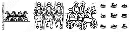 Horse-drawn carriages and jockeys racing at an outdoor event in a lively countryside setting during the summer season