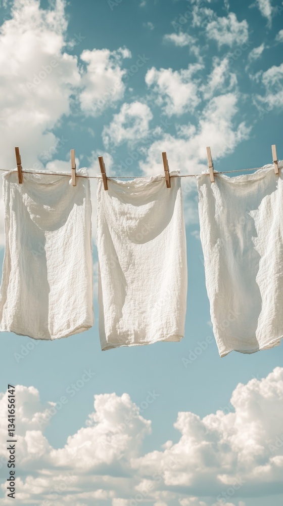 Freshly laundered white linens hanging in a bright blue sky with fluffy clouds. Freshly laundered white linens hanging in a bright blue sky with fluffy clouds.