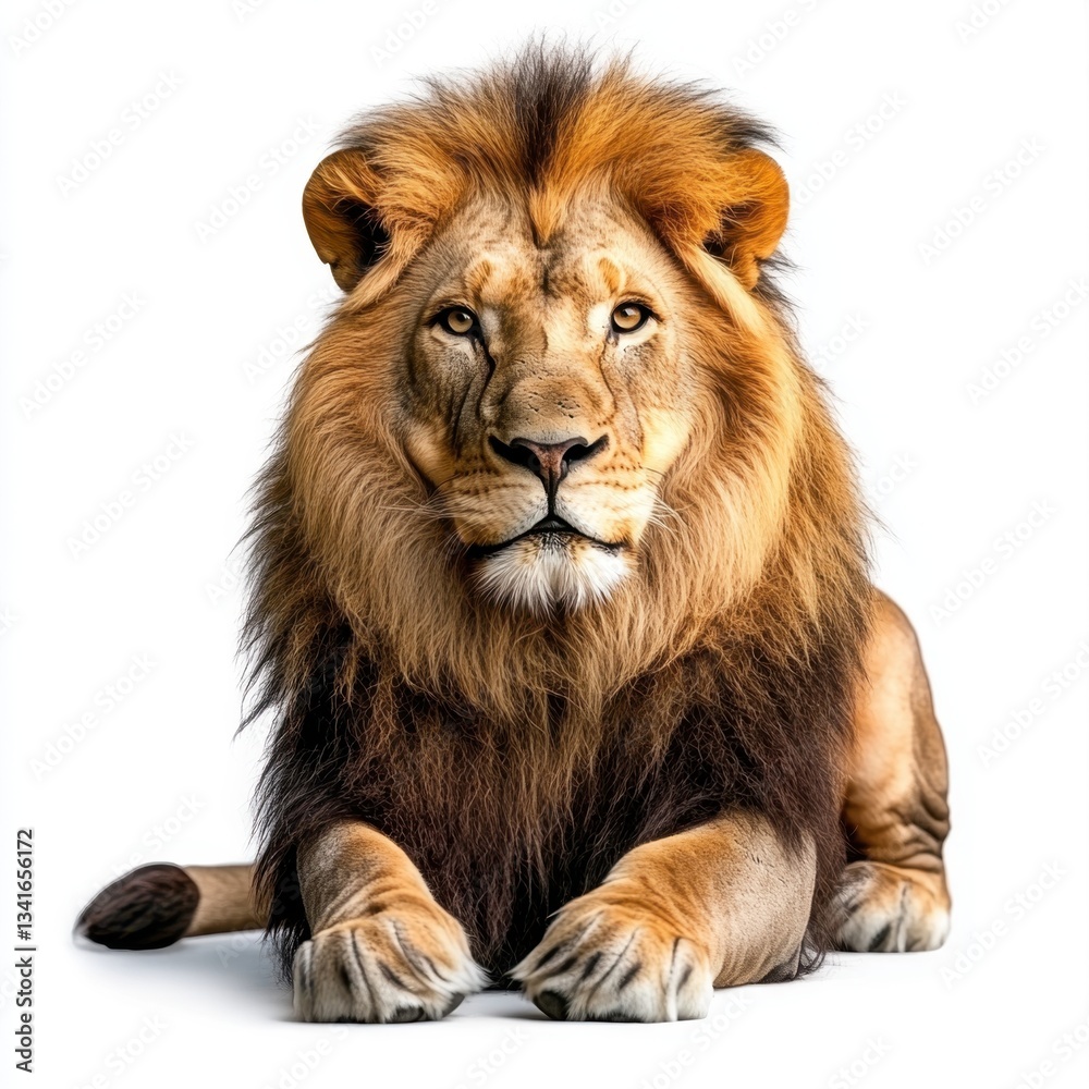 Majestic lion resting confidently on a white background, showcasing its powerful presence and beauty Majestic lion resting confidently on a white background, showcasing its powerful presence and beauty
