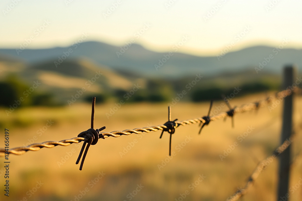 Obraz premium Rustic barbed wire fence against golden sunset landscape hills day view farm rural field metal image