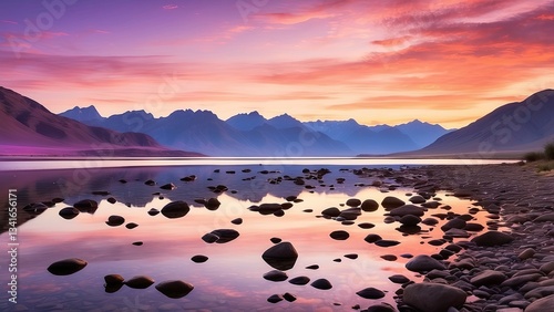 A panoramic view of a tranquil lake at twilight,