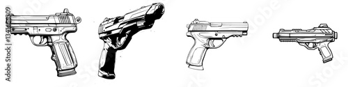Collection of handguns displayed in a minimalistic design showing different styles and specifications