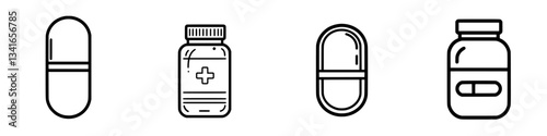 Various types of medicine and pills represented in simple line drawing style for educational purposes