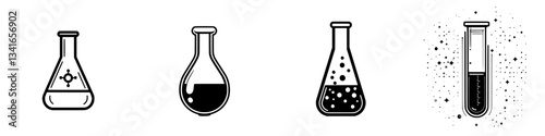 Variety of laboratory glassware with different contents displayed in a minimalistic style