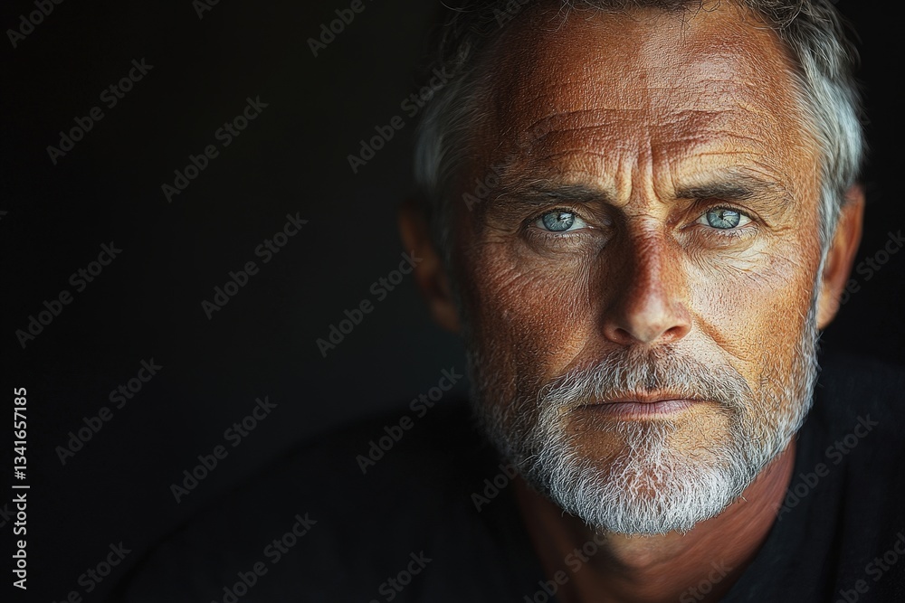 Fototapeta premium Man With a Stoic Expression Gazes Directly at the Viewer With Intensity and Strength in a Dimly Lit Setting, Showcasing His Commanding Presence