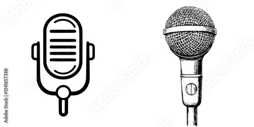 Various styles of microphones represent different eras of music and audio recording technology in a creative design layout