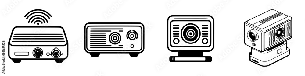 Variety of audio visual devices displayed with distinct designs and functionalities in a minimalist style Variety of audio visual devices displayed with distinct designs and functionalities in a minimalist style