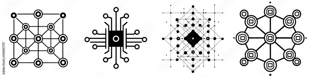 Geometric patterns showcasing abstract technology designs featuring circuits and networks in black and white Geometric patterns showcasing abstract technology designs featuring circuits and networks in black and white