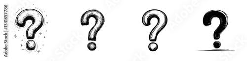Different styles of question marks in black and white showcasing various artistic interpretations on a light background
