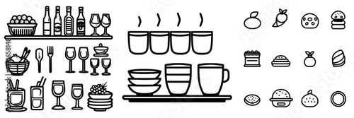 Various food and beverage line drawings for menu or graphic design use in restaurants and cafes