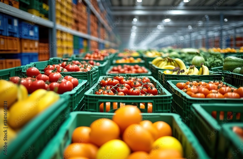 Obraz premium A vibrant warehouse filled with green crates of fresh fruits including oranges, lemons, tomatoes, and apples, organized in neat rows, bright overhead lighting