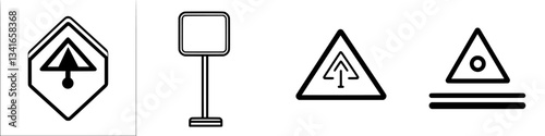 Graphic symbols representing warning signs and informational markers used in safety and navigation contexts