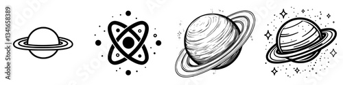 Illustration of four unique representations of planets showcasing distinct artistic styles and cosmic themes