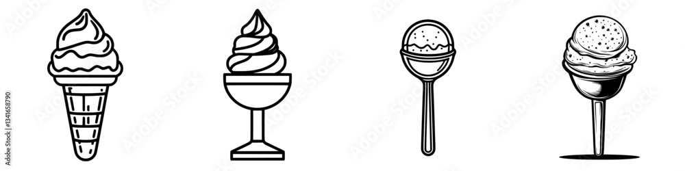Creative display of ice cream varieties in simple monochrome style showcasing different servings Creative display of ice cream varieties in simple monochrome style showcasing different servings