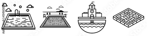 Collection of minimalist pool and water-themed illustrations showcasing various styles and settings