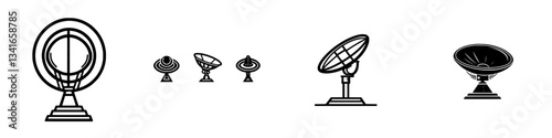 Various designs of satellite dishes showcased in a minimalist style on a white background