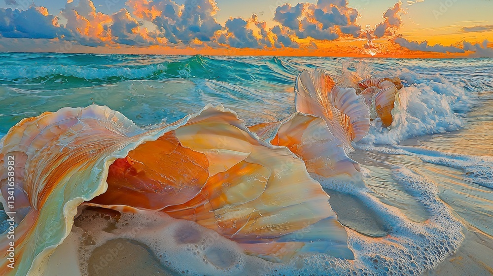 Naklejka premium Sunrise Seashells Beach Scene