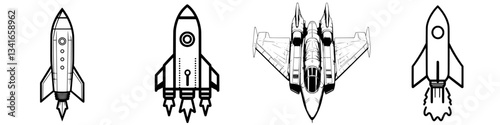 Various rocket designs in a linear arrangement showcasing different styles and features of spacecraft for exploration and travel