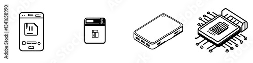 Digital technology elements showcasing SIM cards, memory storage devices, and a microprocessor in a minimalistic design