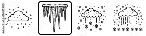 Weather symbols showcasing different precipitation types including clouds, snow, and icicles during winter season