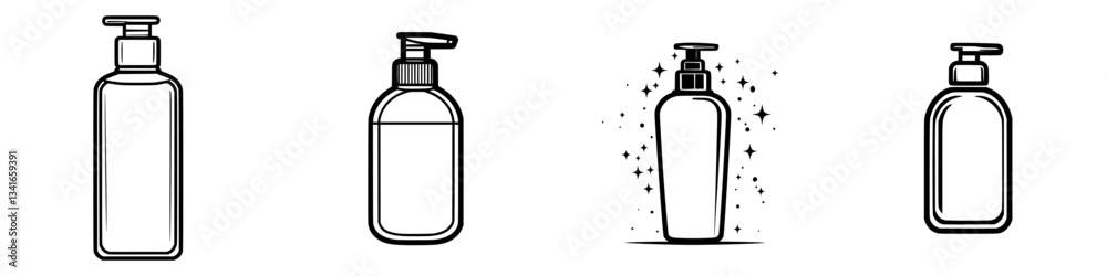 Variety of empty and filled cosmetic bottles in simple styles on a white background Variety of empty and filled cosmetic bottles in simple styles on a white background