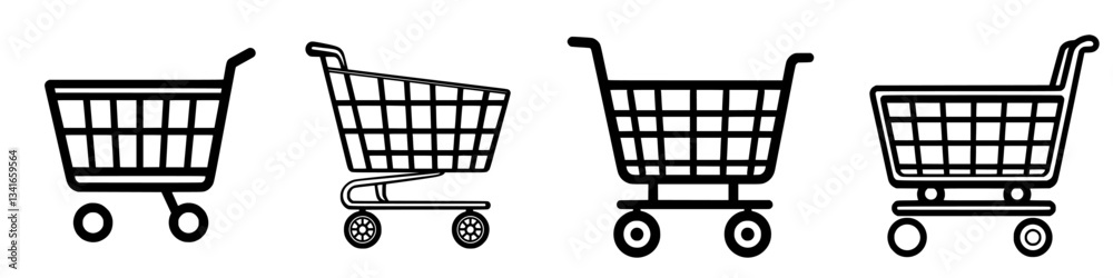 Various designs of shopping carts in simple black line art illustrating different styles and shapes Various designs of shopping carts in simple black line art illustrating different styles and shapes
