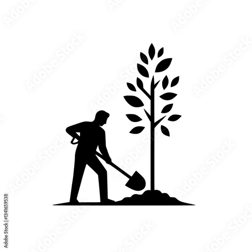 Vector black and white silhouette of a person planting a tree with a shovel, drawn with minimalist strokes