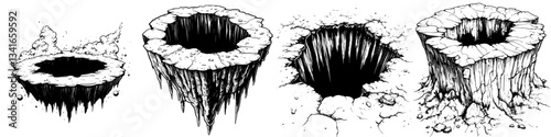 Various styles of deep holes and pits depicted in black and white, showing different textures and shapes in illustrative detail