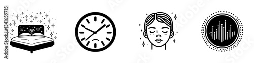 Sleep tips for improving rest quality with symbols representing sleep, time management, relaxation, and soothing soundscapes