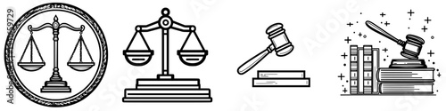 Symbolic representation of justice and law through scales, gavel, and books in a minimalist design